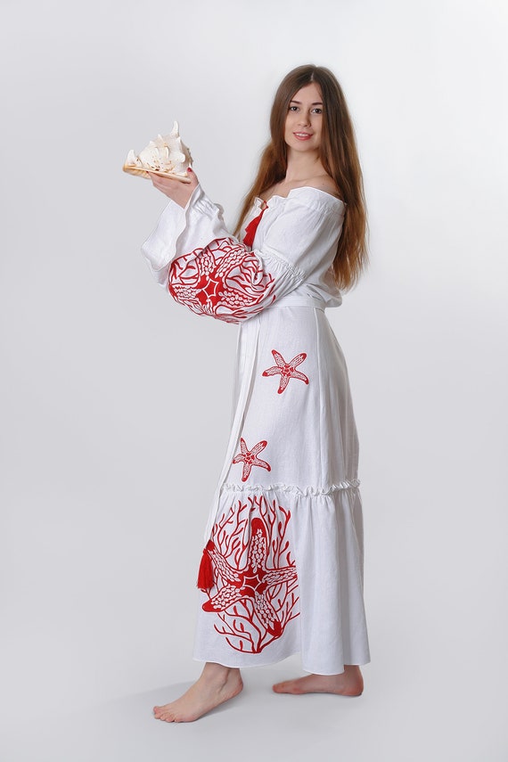 Ukraine Linen Embroidered Dress "corals" Maxi White | Ukrainian Ethnic  Custom Dres | Red and White Embroidery | Gift for Her - Etsy