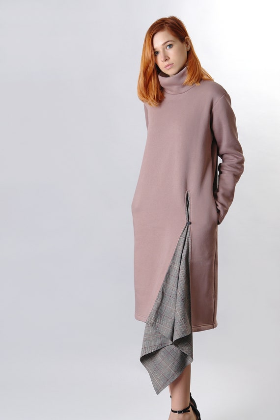 french terry cotton dress French Terry Cotton Wool Dress: Extravagant Asymmetrical Winter Dress