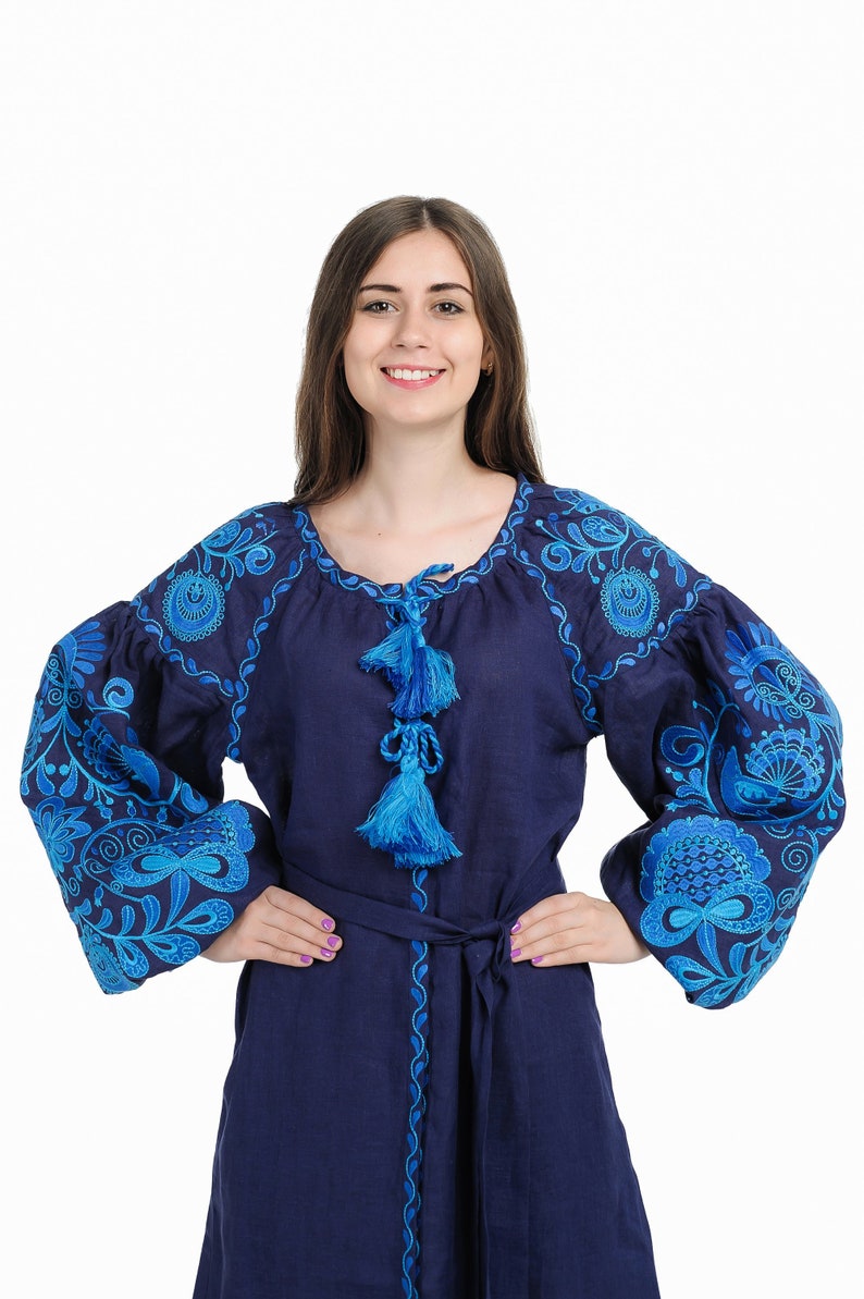 Ukrainian linen embroidered dress Life tree maxi blue Ukrainian ethnic custom dress with blu-light blue embroidery image 2