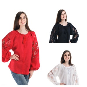 Hand cutwork embroidered cotton blouse &quot;Wonderflower&quot; black, red or white, Gift for her