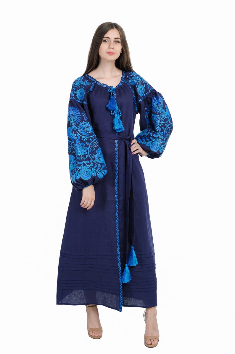 Ukrainian linen embroidered dress Life tree maxi blue Ukrainian ethnic custom dress with blu-light blue embroidery image 1