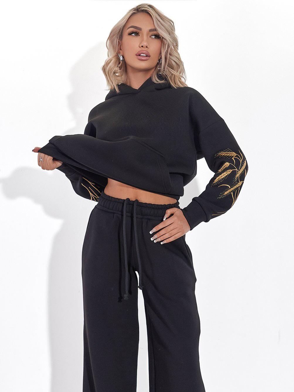 Embroidered Hoodie & Palazzo Pants Set: Floral Cotton Loungewear