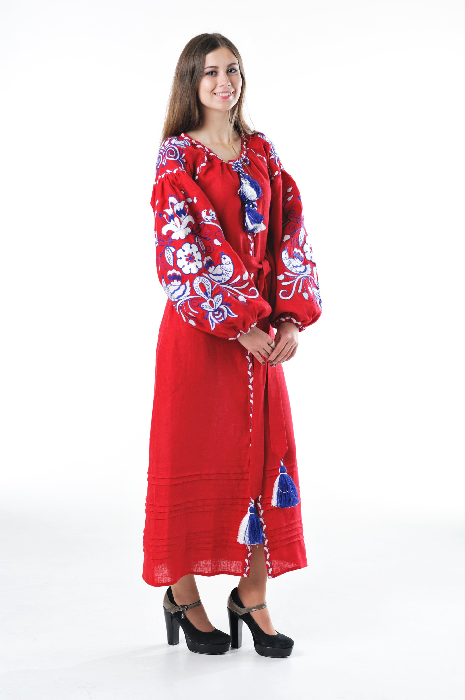 Ukrainian Linen Embroidered Dress birds Maxi Red Etsy Canada