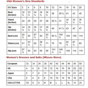 Op de afbeelding: Een maattabel met de titel USA Size Standards en Dresses and Suits. De tabel toont Amerikaanse maten 2 tot en met 20, met bijbehorende borst-, taille- en heupmaten in inches en centimeters, plus Europese, Britse en Japanse equivalenten.