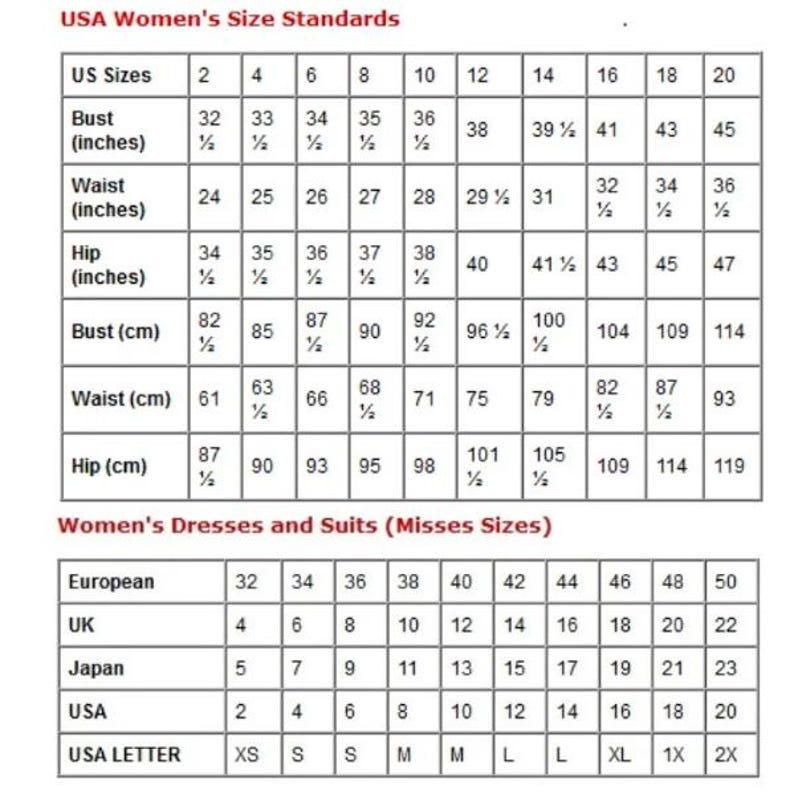 Op de afbeelding: Een maattabel met de titel USA Size Standards en Dresses and Suits. De tabel toont Amerikaanse maten 2 tot en met 20, met bijbehorende borst-, taille- en heupmaten in inches en centimeters, plus Europese, Britse en Japanse equivalenten.