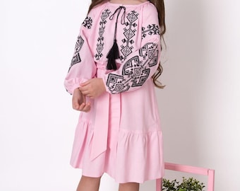 Vyshyvanka dress pink for girl with traditional  Ukranian ethnic pattern, Gift for girl, Gift for daughter, Girls embroidered linen dress