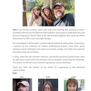 May include: A group photo of three people smiling outdoors, with the text "Let me introduce you GUA Embroidery Team!". The text below describes the family's Ukrainian folk traditions and craftsmanship.