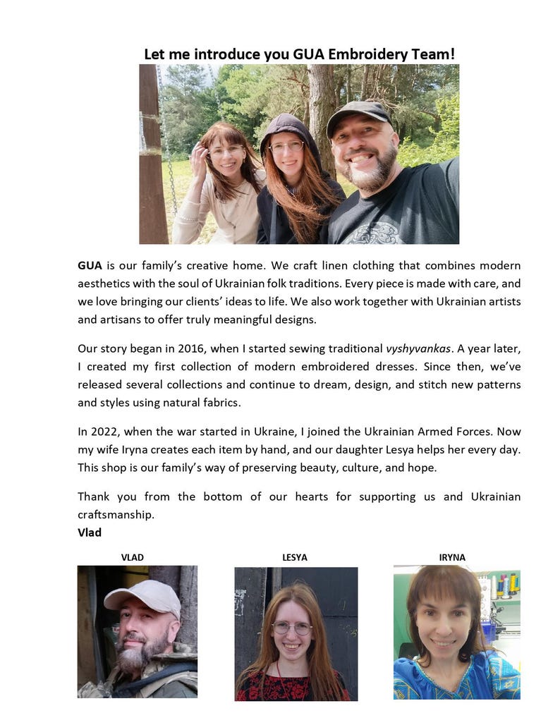 May include: A group photo of three people smiling outdoors, with the text "Let me introduce you GUA Embroidery Team!". The text below describes the family's Ukrainian folk traditions and craftsmanship.