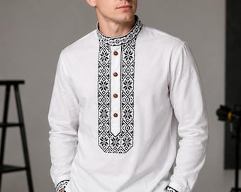 Men's traditional Ukrainian cotton vyshyvanka shirt  | Ethnic pattern | Ukrainian t shirt | Blue on white embroidery shirt | Gift for Him