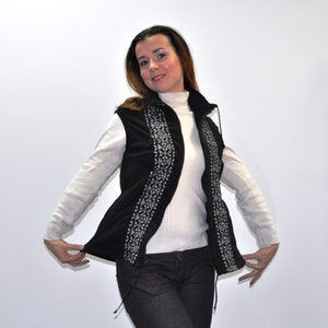 Fleece embroidered black vest, sleevless black jacket, Ukrainian traditional embroidered gillete, Gift for her, Gutsul vest