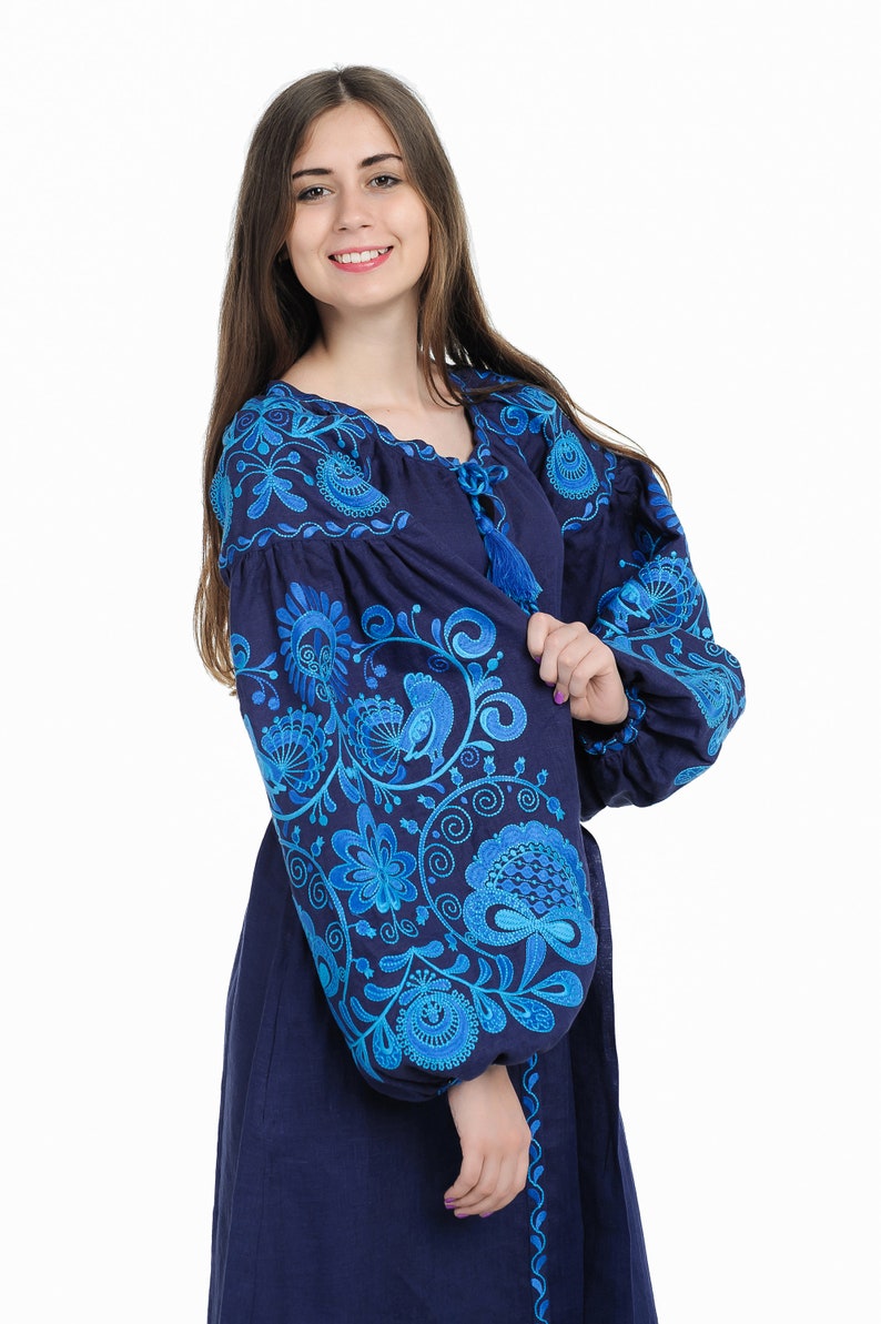Ukrainian linen embroidered dress Life tree maxi blue Ukrainian ethnic custom dress with blu-light blue embroidery image 4