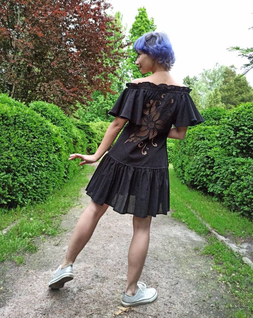 Linen open shoulders dress Wonderflower black | Etsy