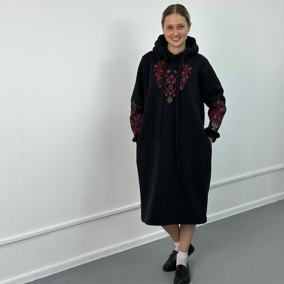 Embroidered Hoodie Dress – Black Vyshyvanka Style, Red Floral