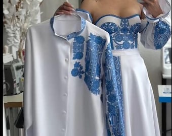 Embroidered Corset Top Set: Embroidered Sleeves and Skirt and Matching Man Shirt | Chiffon  skirt and embroidered belt (see description)