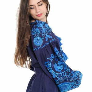 Ukrainian linen embroidered dress Life tree maxi blue Ukrainian ethnic custom dress with blu-light blue embroidery image 5