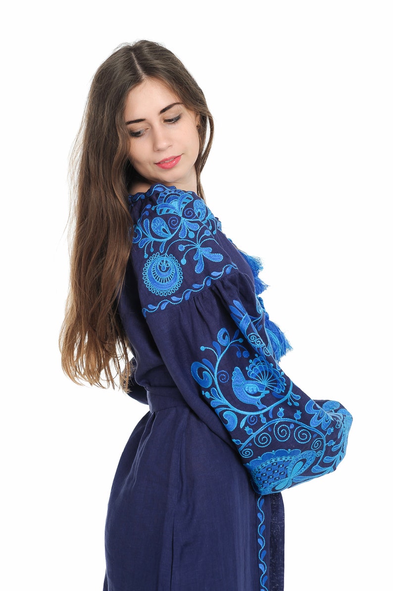 Ukrainian linen embroidered dress Life tree maxi blue Ukrainian ethnic custom dress with blu-light blue embroidery image 5