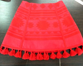 Embroidered linen mini skirt "Gutsul" red,  Vyshyvanka Ukrainian skirt with tassels