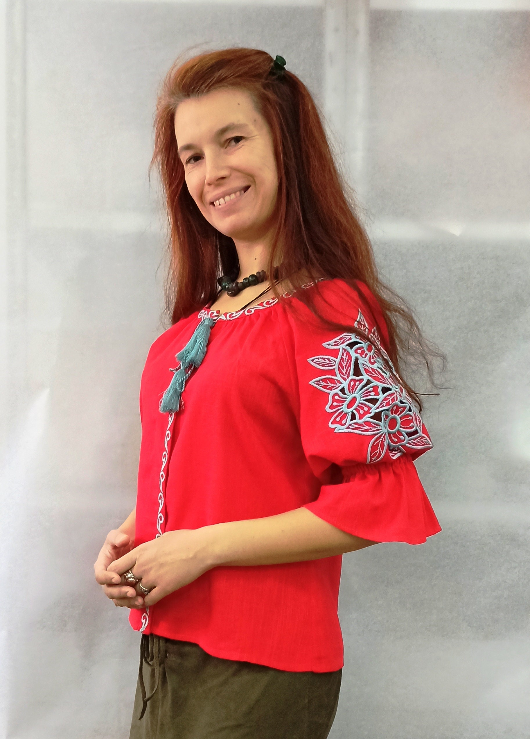 BIEWE – Linen Drop Shoulder Linen Shirt with Cutwork Embroidery