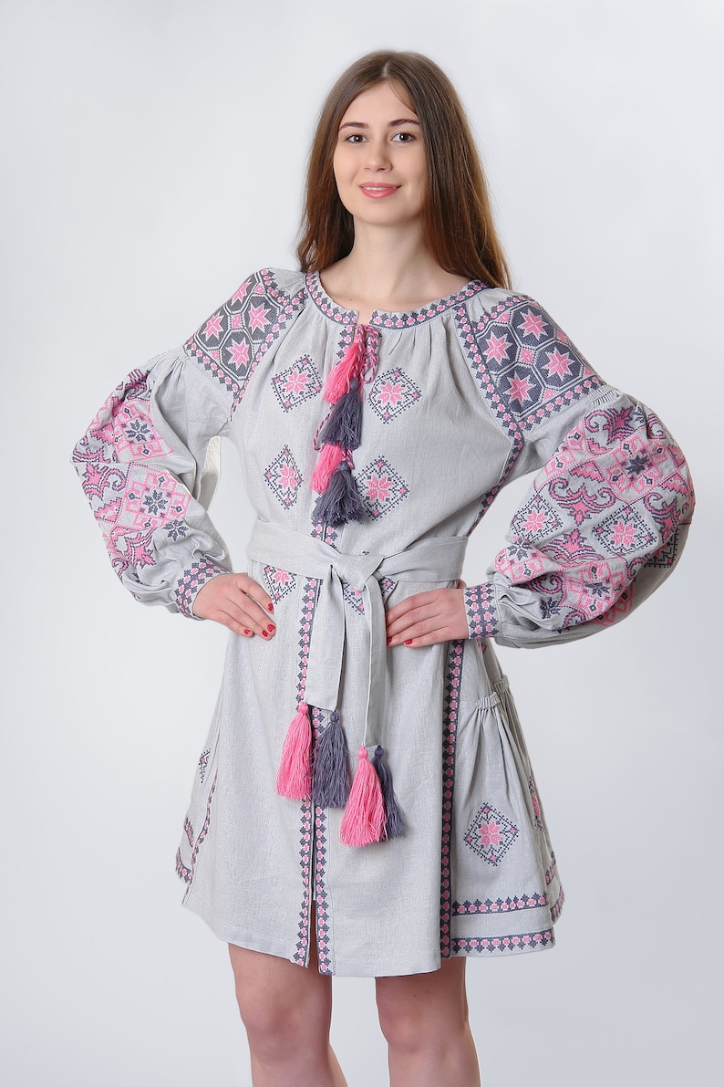 Linen Embroidered Dress Mini Gray Ukrainian Ethnic Custom Etsy