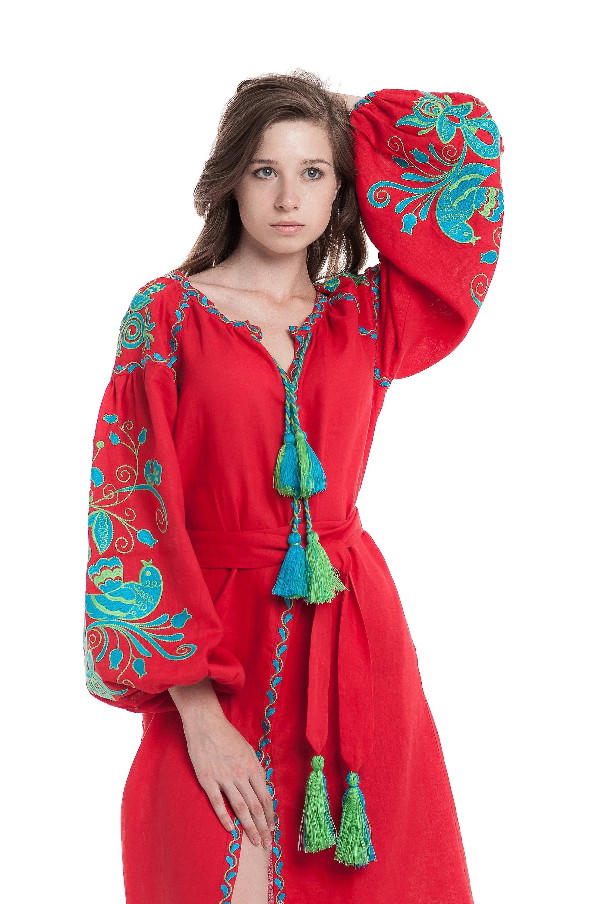 Linen embroidered dress Birds maxi red Ukrainian | Etsy