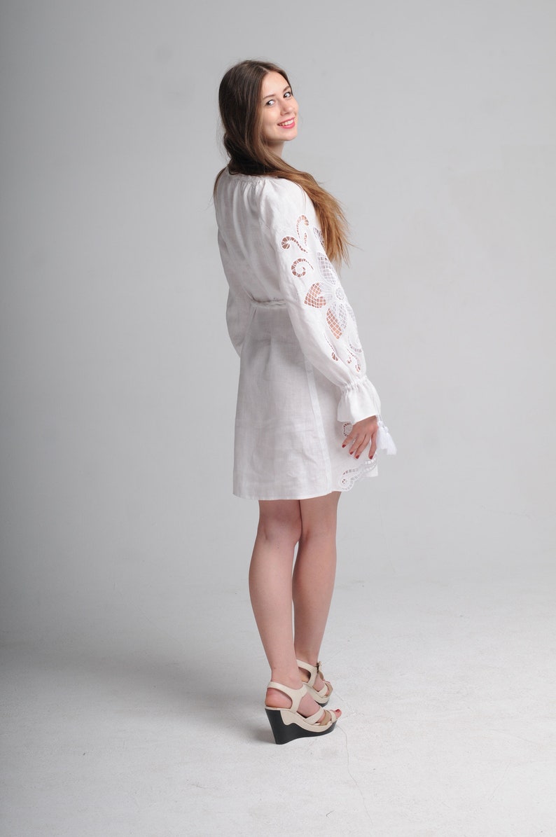 gift for her linen summer dress Hand cutwork embroidered mini dress Wonderflower white