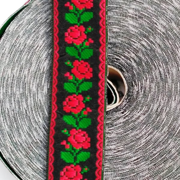 Jacquardborte mit Stickerei, schwarz-grün-rote Stickerei, Ukrainische Borte, Breite 3 cm