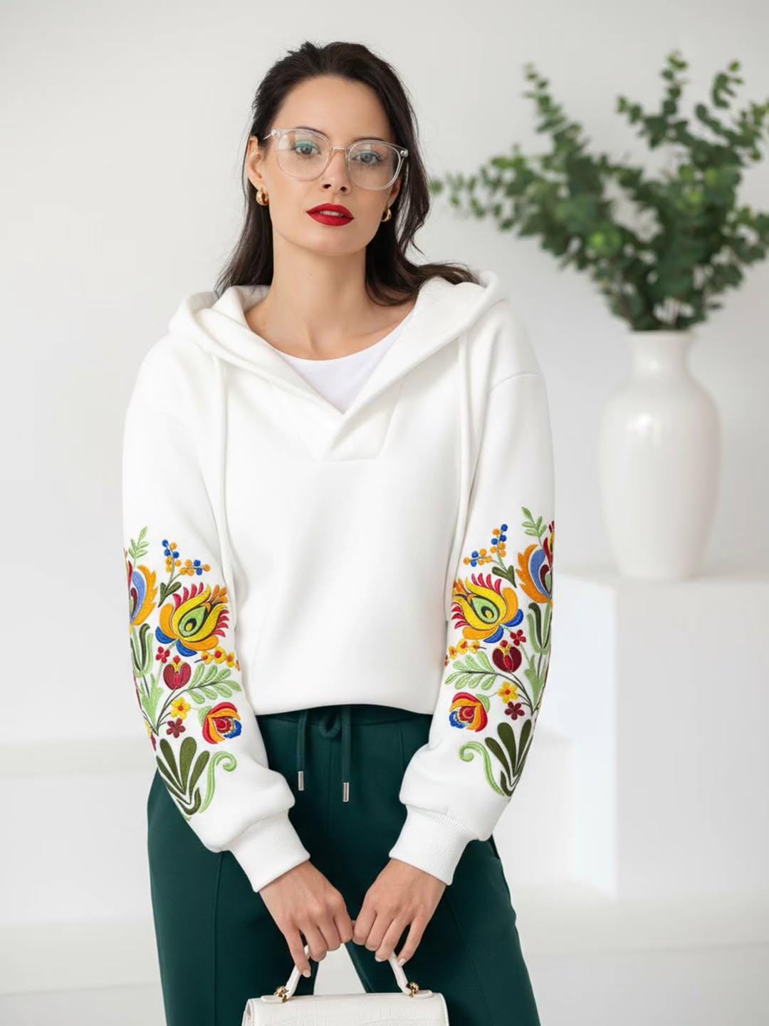 Embroidered Hoodie: Floral Sleeve, Cotton Blend Sweatshirt, Embroidered sweatshirt
