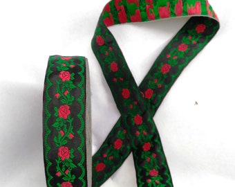 Jacquard ribbon trim roll 25m , black and green red embroidery trim, Ukrainian ethnic ribbon,  width 1,2"