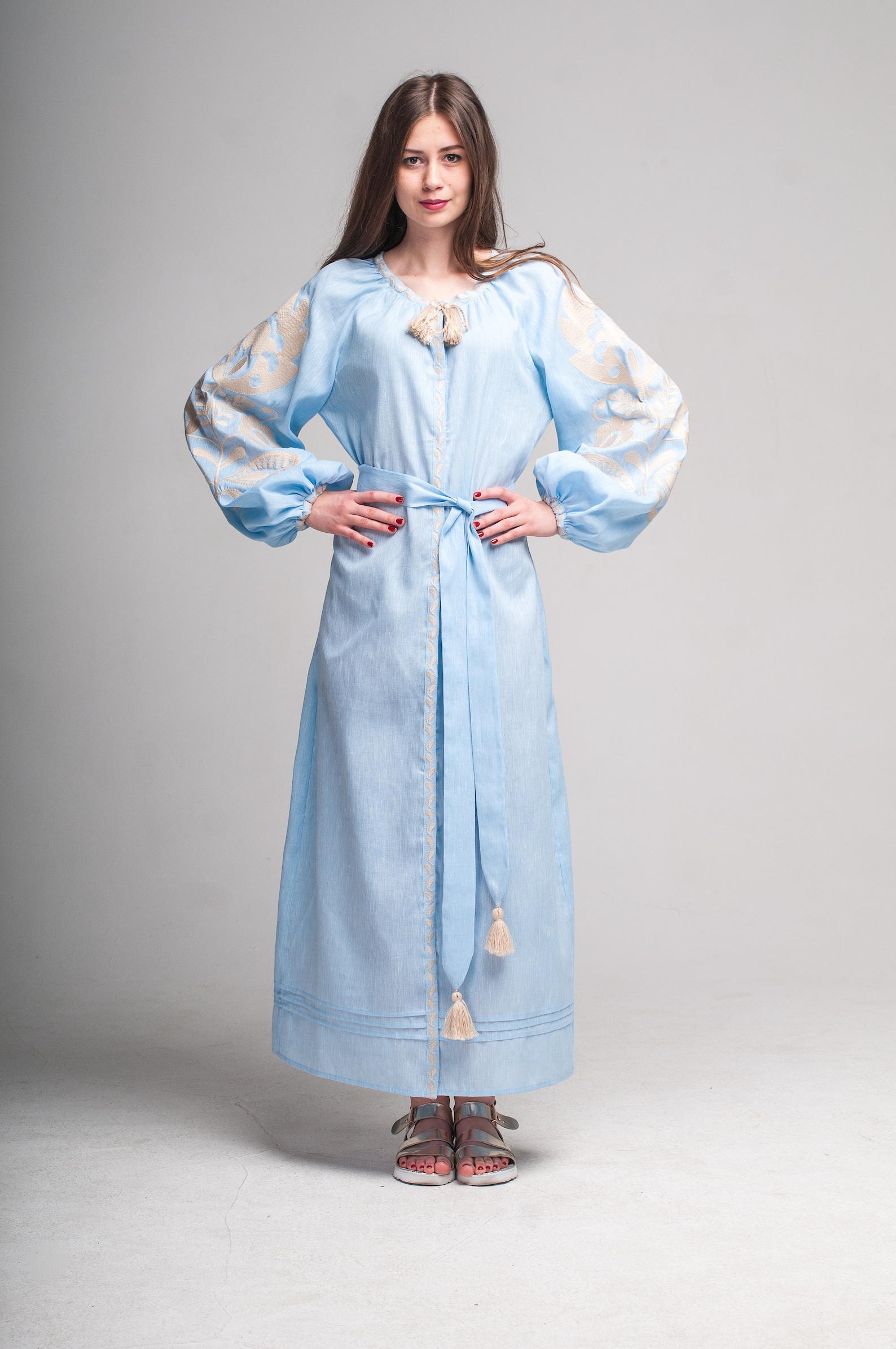 Blue linen embroidered dress Ruzha maxi Etsy
