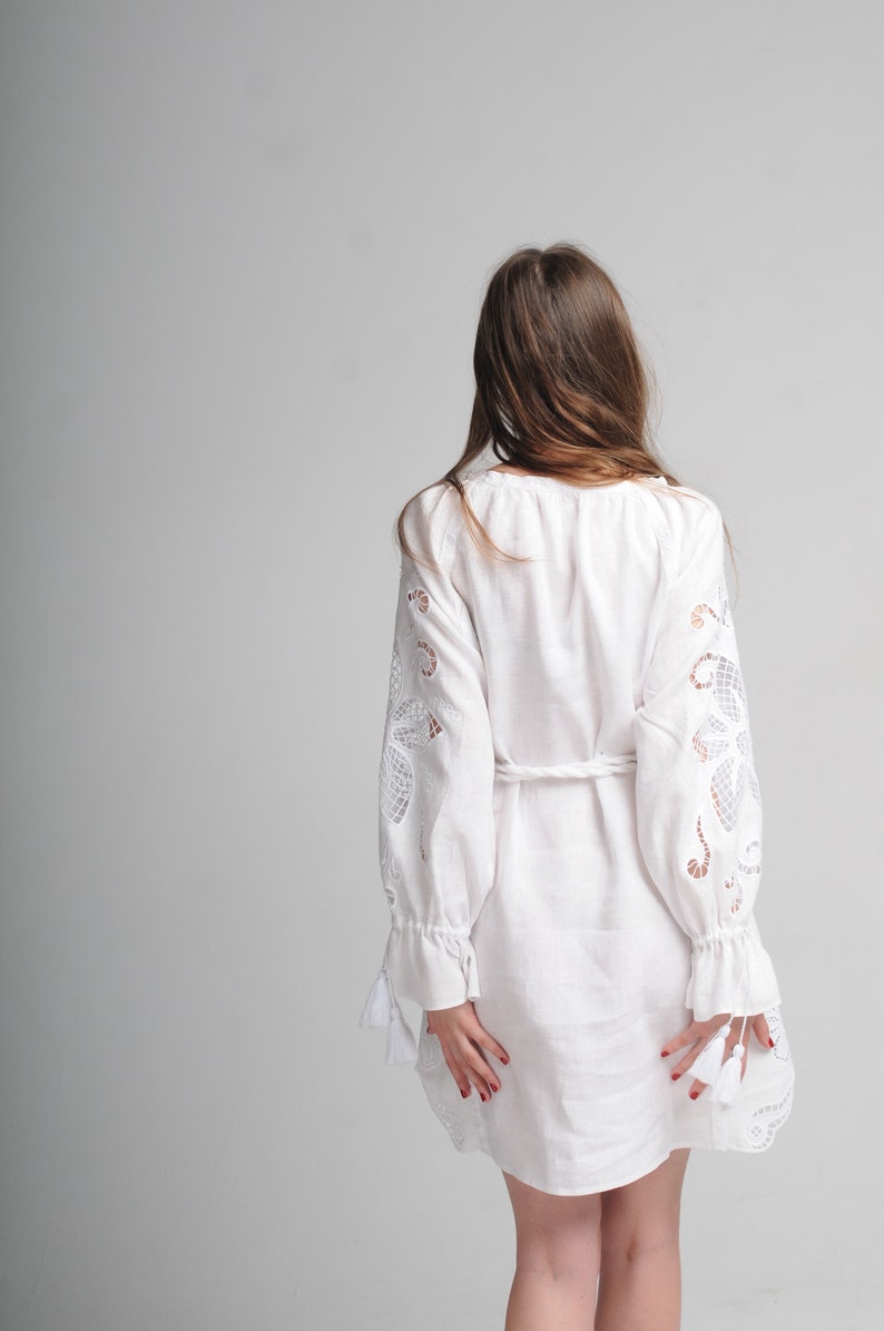 gift for her linen summer dress Hand cutwork embroidered mini dress Wonderflower white