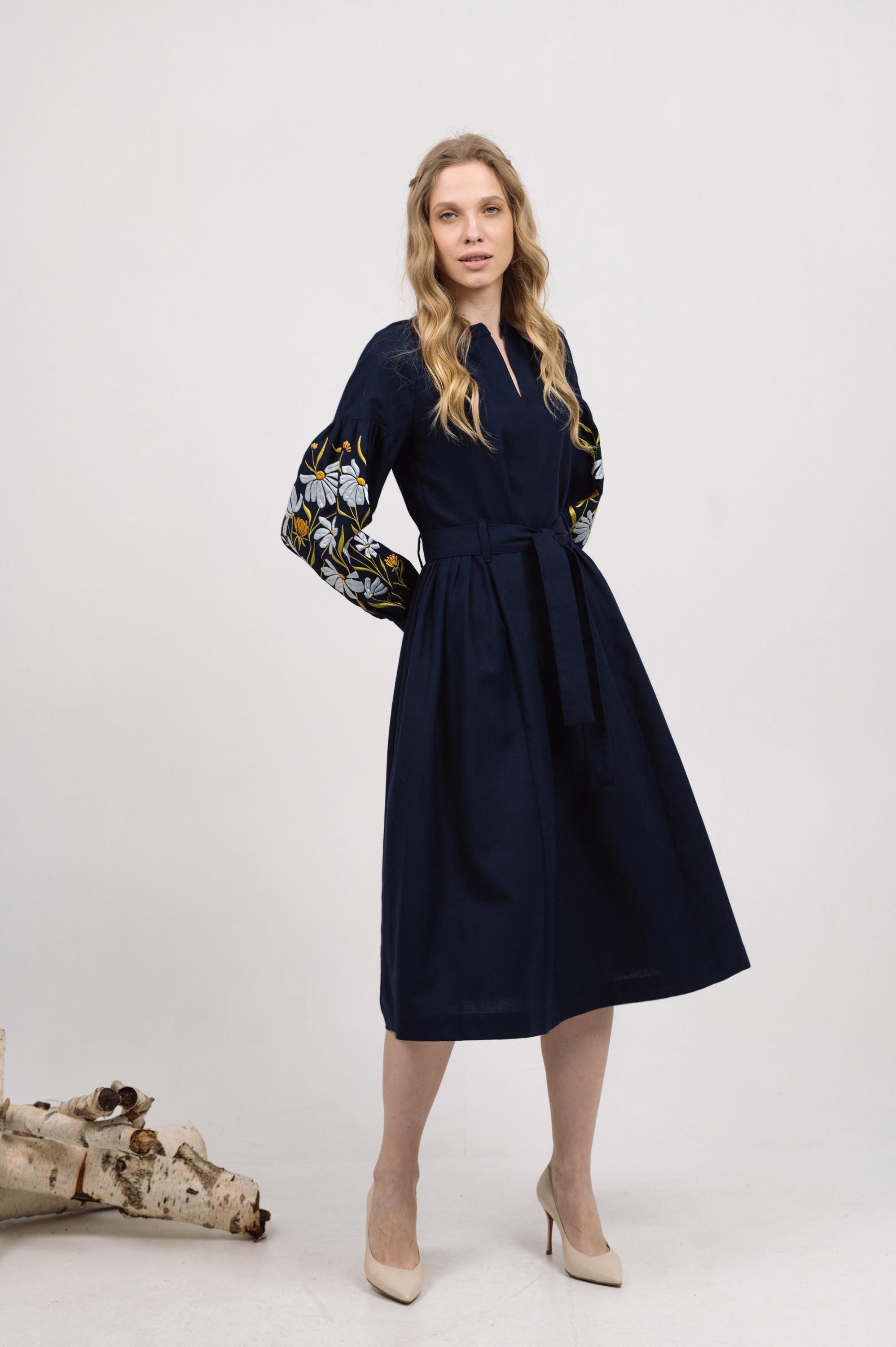 Ukrainian Embroidered Midi Dress Navy | Ukrainian Ethnic Dress White ...
