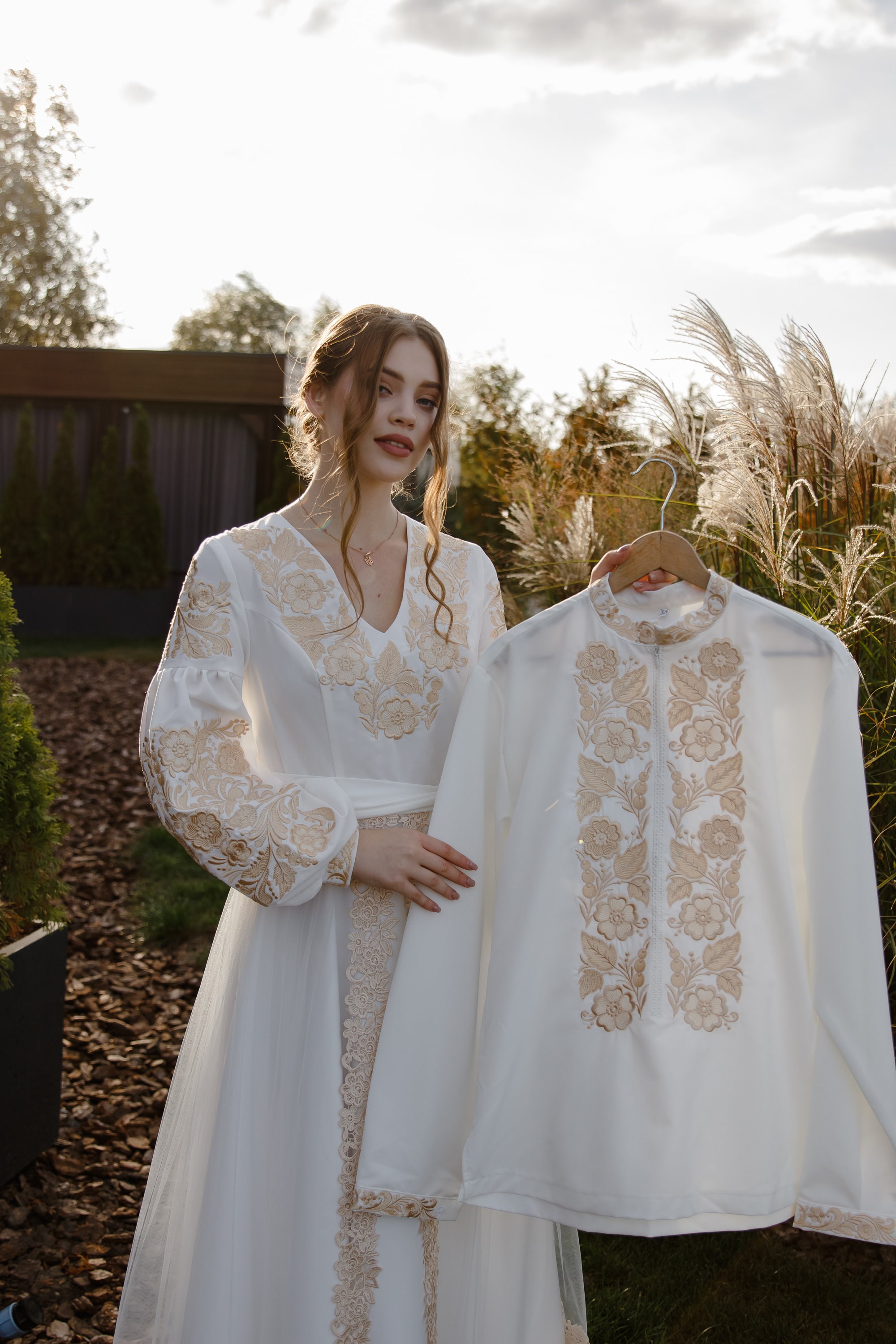 ukrainian embroidered wedding dress Fashion embroidered wedding dress Ukrainian vyshyvanka robe L / Ivory / Midi
