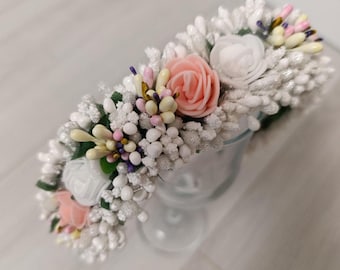Ukraiński diadem ze sztucznymi kwiatami | Tiara z kwiatów | Kwiaty do włosów | Opaska ślubna | Kwiatowy wianek ślubny w stylu boho | Prezent dla niej
