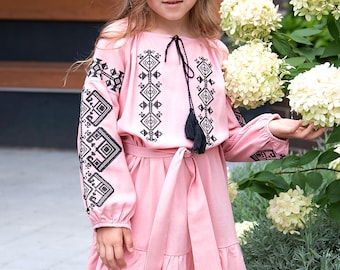 Vyshyvanka dress for girl with traditional  Ukranian ethnic pattern, Gift for girl, Gift for daughter, Girls embroidered linen dress
