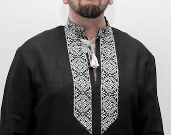 Men traditional Ukrainian vyshyvanka shirt "Kossak",  ethnic pattern, black linen outfit, ukraine t shirt, Gift for him