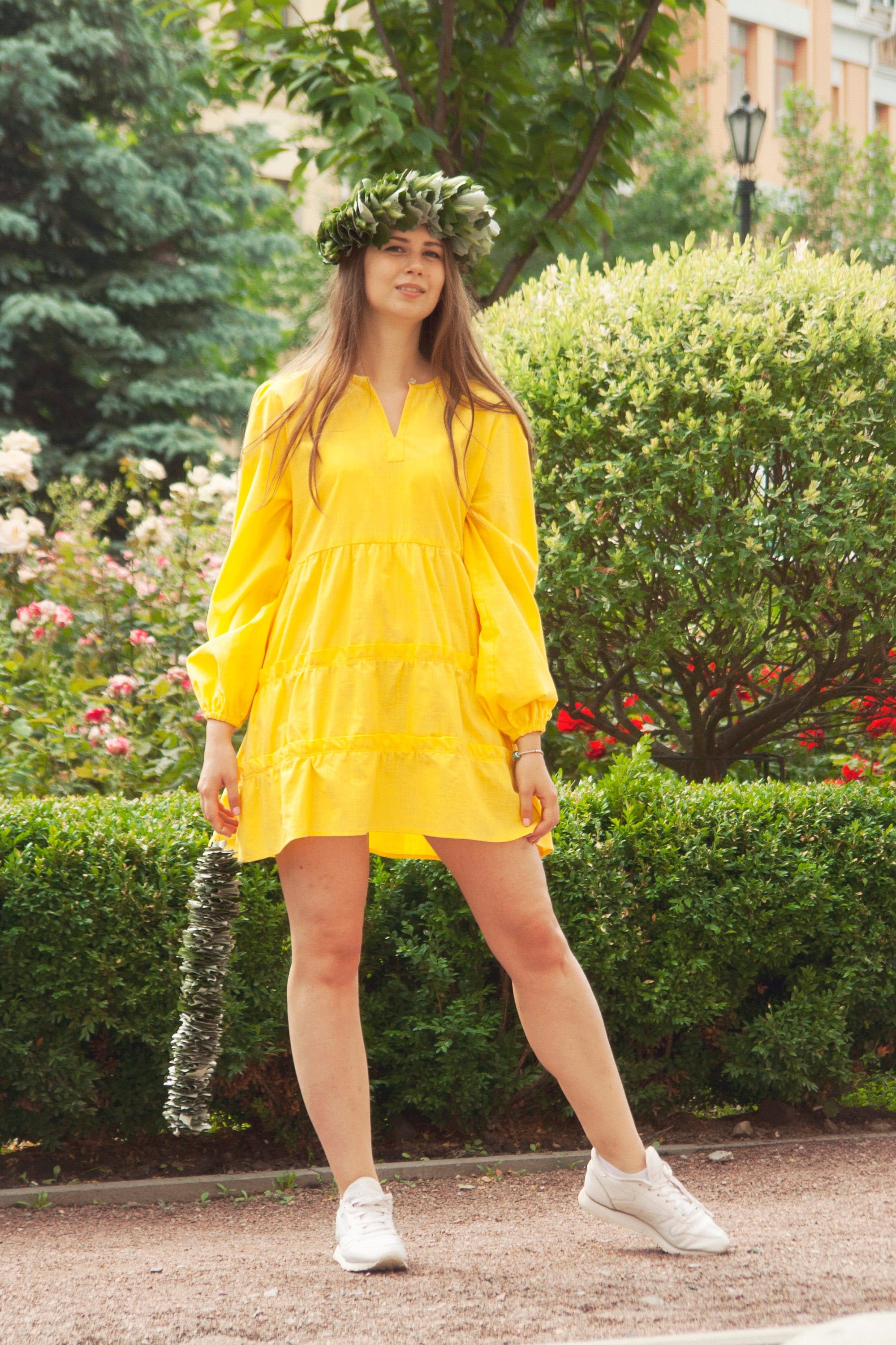 Yellow Linen Mini Dress: Long Sleeve Resort Wear Yellow Linen Mini Dress: Long Sleeve Resort Wear