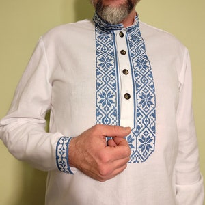 Men&#39;s traditional Ukrainian cotton vyshyvanka shirt  , ethnic pattern, Ukrainian t shirt, Blue on white embroidery shirt, Gift for Him
