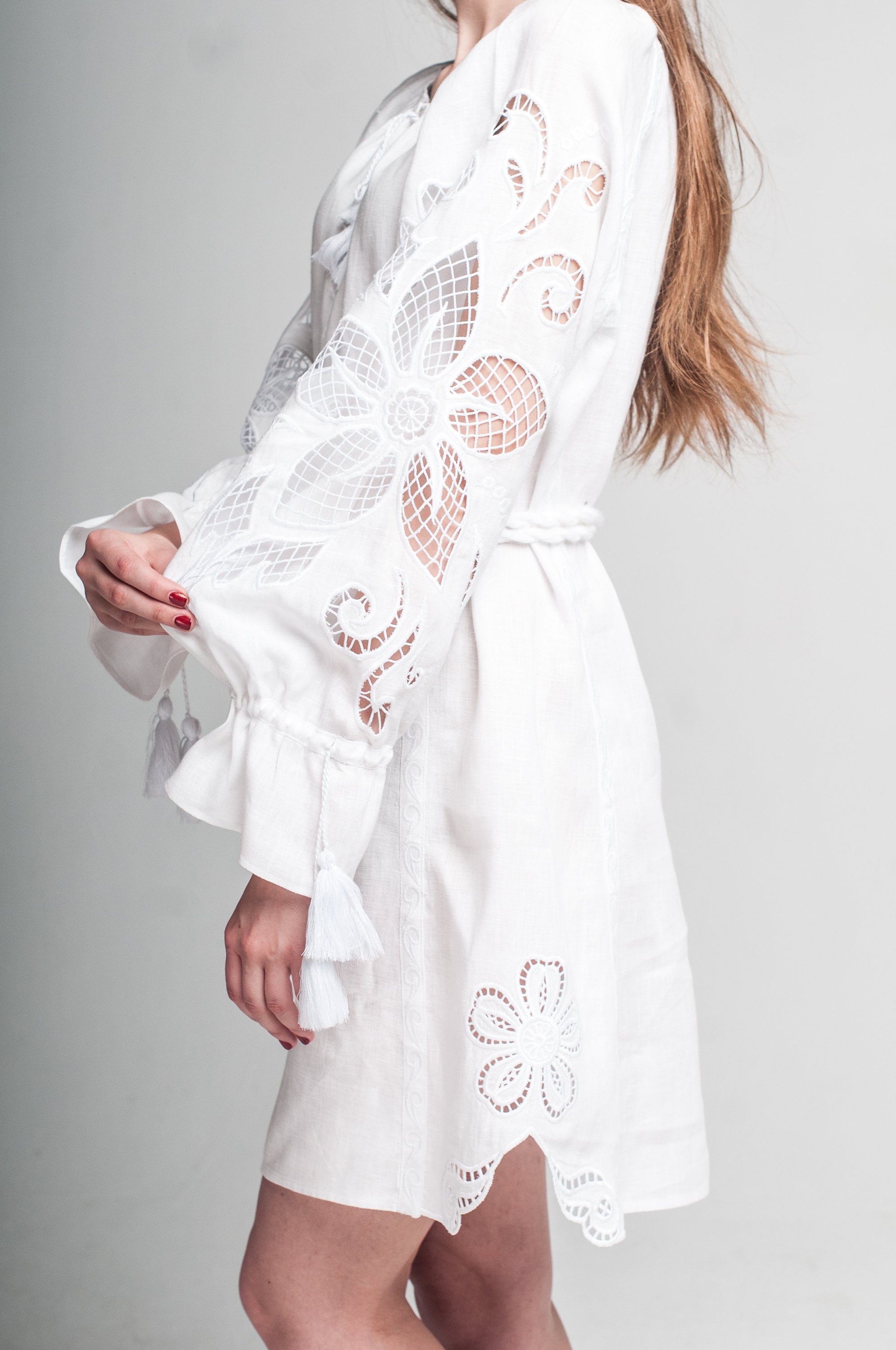 Embroidered Linen Mini Dress: White Cutwork Boho Resort Dress | Gift for Her | White Linen Dress