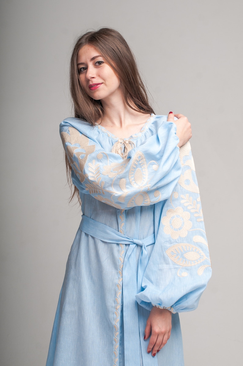 Blue linen embroidered dress Ruzha maxi Etsy