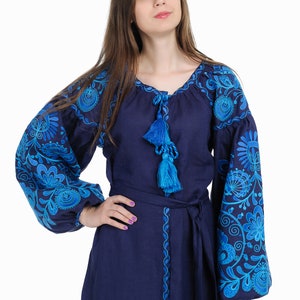Ukrainian linen embroidered dress Life tree maxi blue Ukrainian ethnic custom dress with blu-light blue embroidery image 3