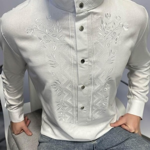 Ukrainian vyshyvanka shirt linen, ethnic pattern, white on white embroidery, Embroidered man shirt, Malyar top,
