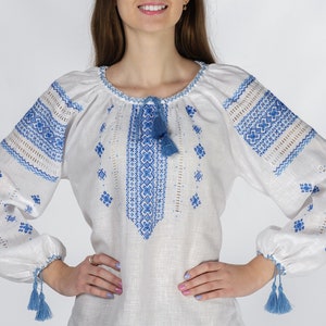 Linen hand embroidered blouse "Kolomya"  kaftan with multycolour embroidery Ukranian ethnic pattern