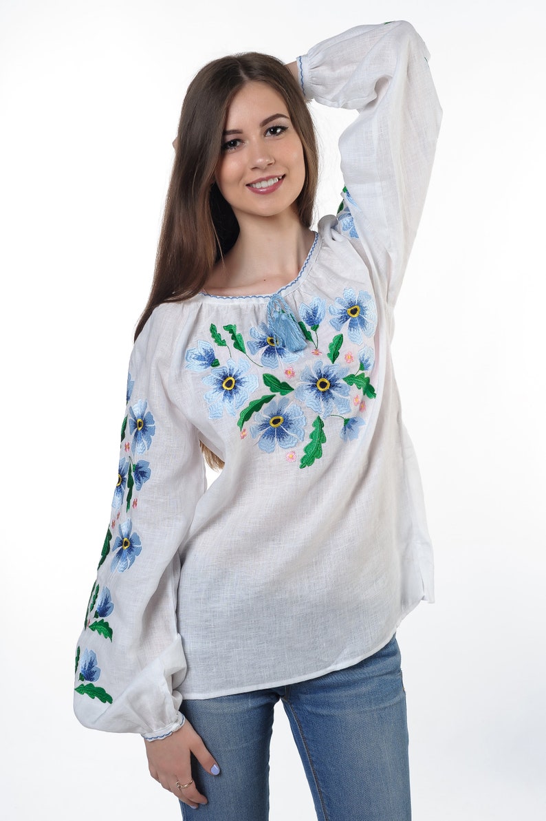 White linen embroidered blouse Mallow blue with Etsy