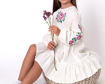 Girls Linen Vyshyvanka Dress, Ukrainian Floral Embroidery, Traditional Folk Style