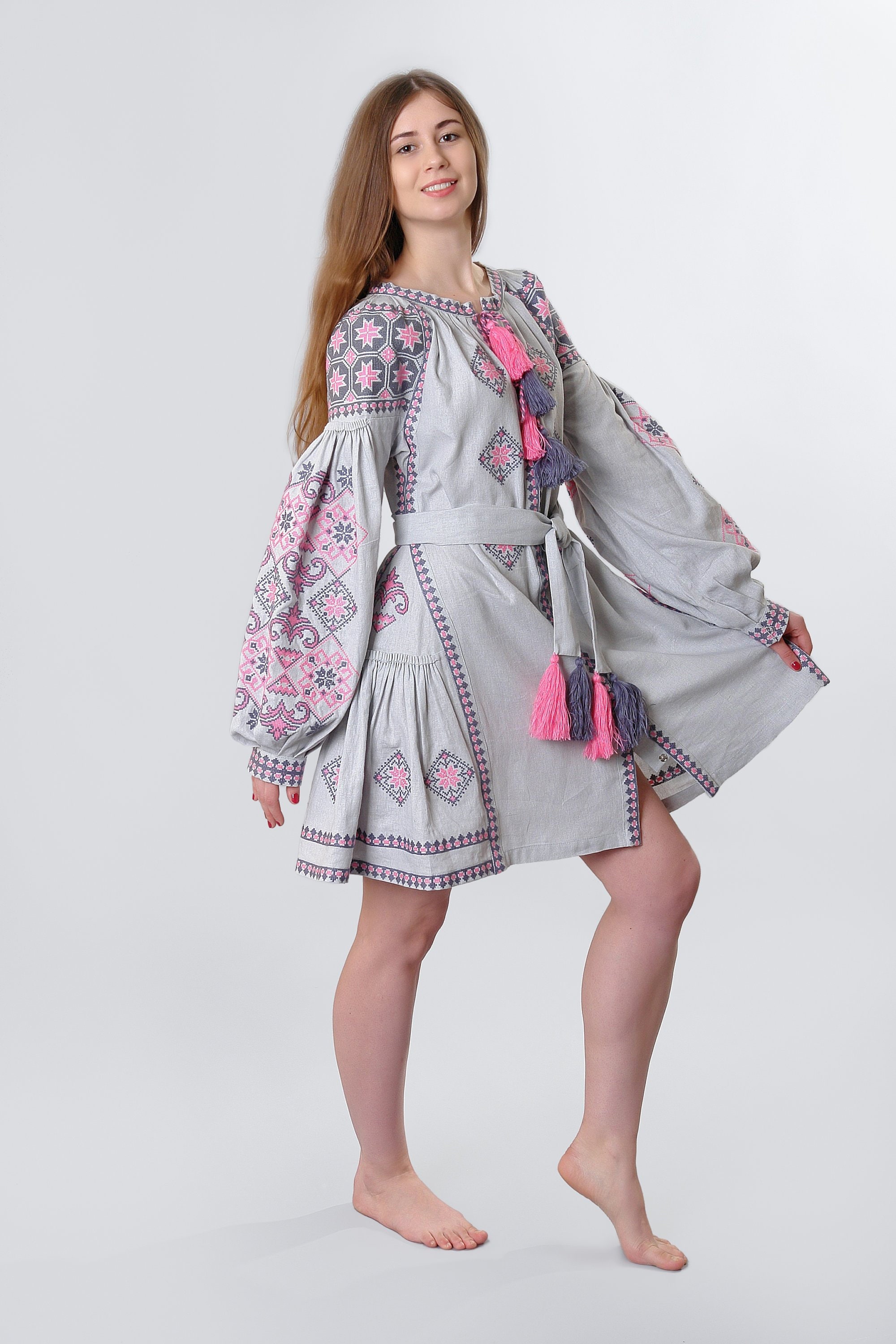 Linen Embroidered Dress Mini Gray, Ukrainian Ethnic Custom Dress, Dark ...