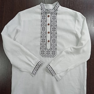 Black men&#39;s traditional Ukrainian cotton vyshyvanka shirt, ethnic pattern, black on black embroidery