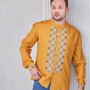 Ukrainian shirt man embroidered linen, Ukrainian vyshyvanka embroidery, Gift for Him, vyzerunok shirt, Ukrainian orange shirt