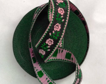 Jacquard ribbon trim roll 25m , black and green rose embroidery trim, Ukrainian ethnic ribbon,  width 1,2"