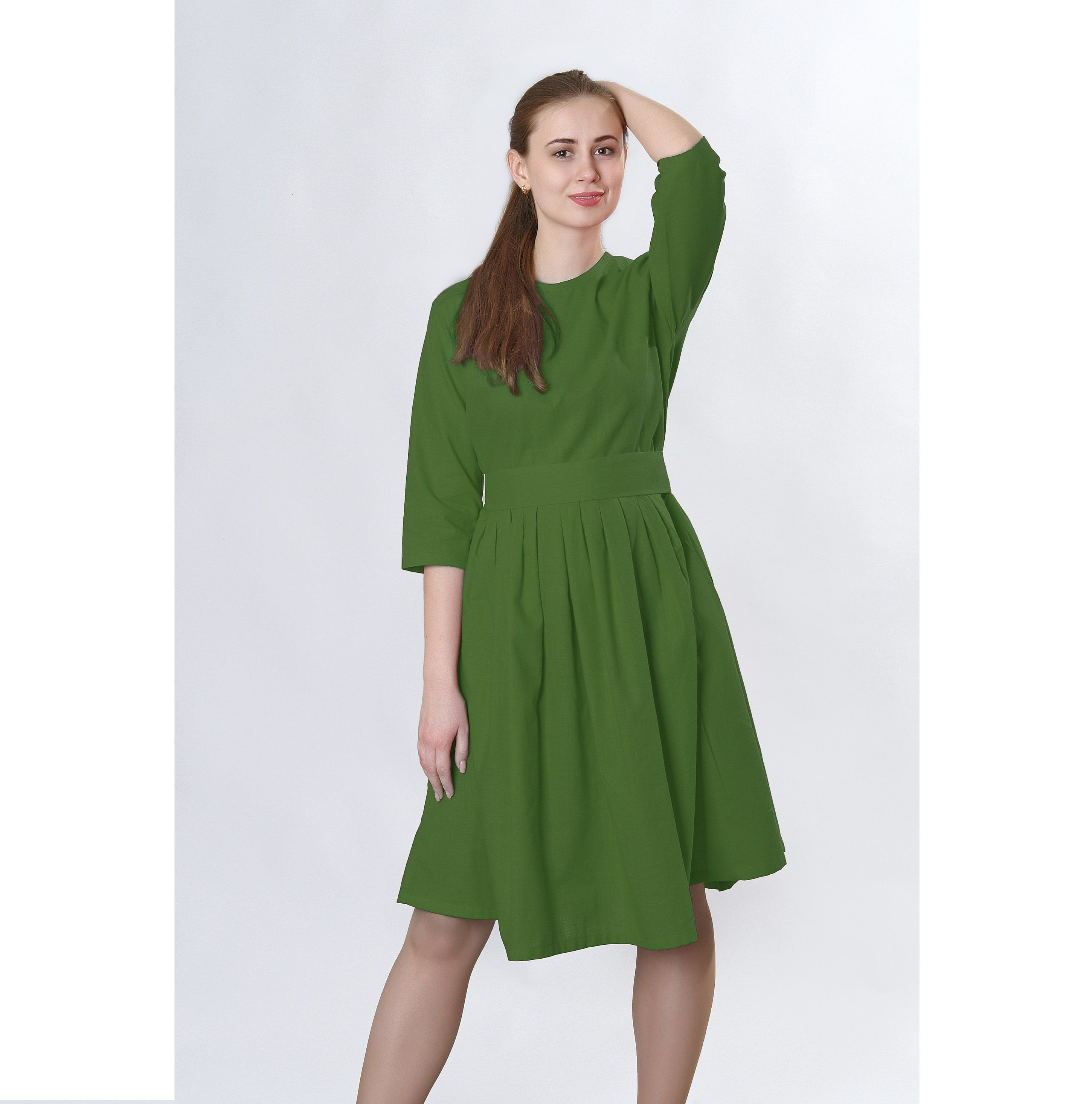 Moss Green Linen Midi Dress: Belted Soft Flax Summer Outfit | Light Linen Tunic