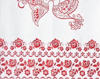 Ukrainskt broderat linneöverdrag "Bröllopsduvor", rött broderi, östortodox kyrklig bröllopsrushnyk